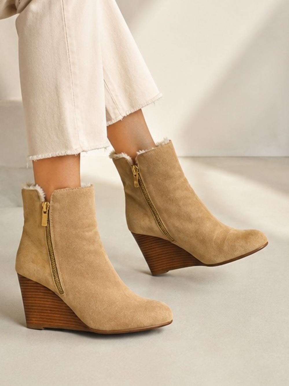 Suede Tan Wedge Ankle Boots with Faux Fur Lining